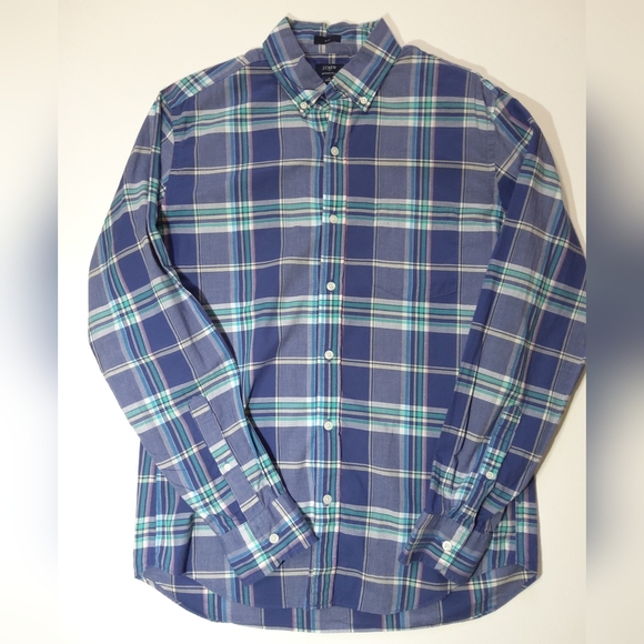 J.Crew Mens Button Down Medium Blue‎ Green Summer Plaid Slim Fit Preppy Casual - Picture 1 of 9